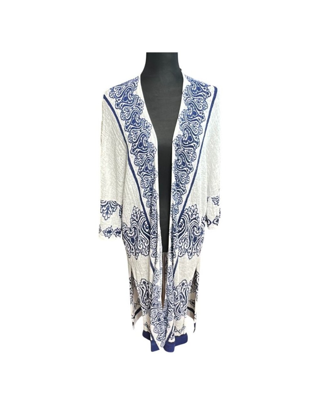 Chico's Cardigan Size 0 S White Blue Open Sweater Paisley Floral Women Swim